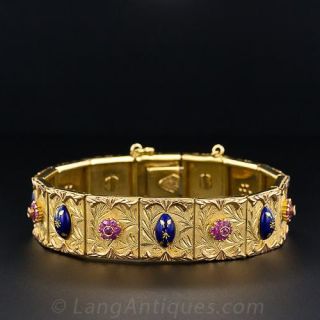 Italian Ruby and Blue Enamel Engraved Bracelet