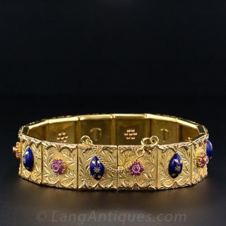 Italian Ruby and Blue Enamel Engraved Bracelet