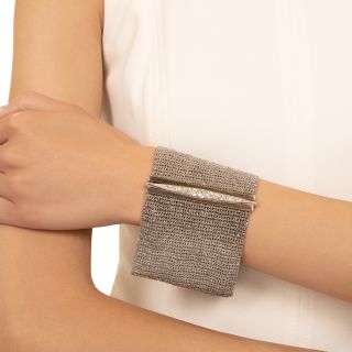 Italian Wide 18K Gold Mesh Bracelet With Diamond Clasp