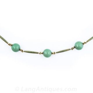 Jade Bead  and Champleve Enamel Gold Necklace