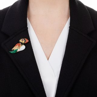 Jasper, Malachite, Jade, Lapis, Onyx and Diamond Puffin Brooch