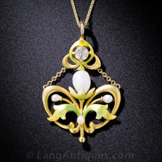 Krementz Art Nouveau Diamond, Enamel and Pearl Necklace