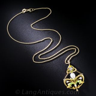 Krementz Art Nouveau Diamond, Enamel and Pearl Necklace
