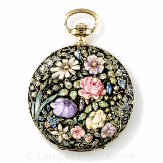Lady's Floral Enamel Hunter Case Pocket Watch - 2
