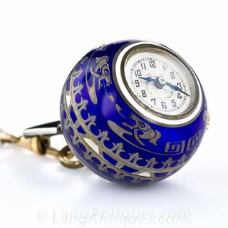 Lady's Silver and Cobalt Enamel Pendant Watch and Chain