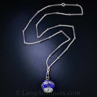 Lady's Silver and Cobalt Enamel Pendant Watch and Chain