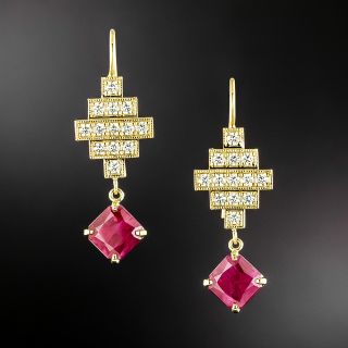 Lang Collection Art Deco-Style Ruby and Diamond 18K Dangle Earrings - 2