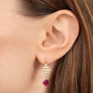 Lang Collection Art Deco-Style Ruby and Diamond 18K Dangle Earrings