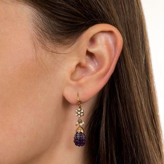 Victorian Carved Amethyst and Seed Pearl Dangle Earrings