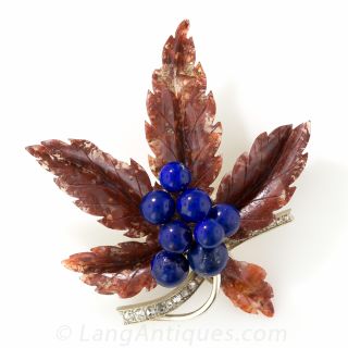 Lapis and Agate Carved Leaf Pin