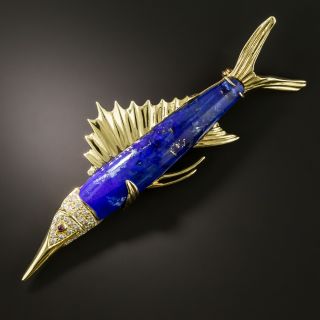 Lapis and Diamond Marlin Fish Brooch - 3