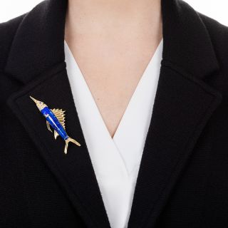 Lapis and Diamond Marlin Fish Brooch