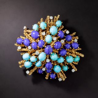Lapis, Turquoise, and Diamond Brooch - 1