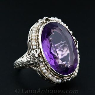 Large Amethyst, Seed Pearl  Filigree Ring