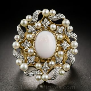 Large Angel Skin Coral and Pearl Cocktail Ring - 1