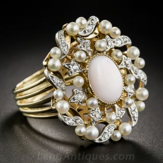 Large Angel Skin Coral and Pearl Cocktail Ring