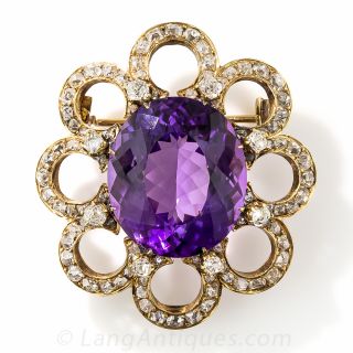 Large Antique Amethyst and Diamond Brooch - French