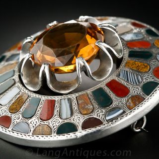 Large Antique Scottish Silver, Citrine and Agate Pin