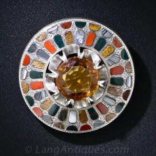 Large Antique Scottish Silver, Citrine and Agate Pin