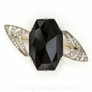 Large Art Deco Onyx and Diamond Brooch - 1