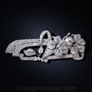 Large Art Deco Platinum and Diamond Floral Brooch - 1