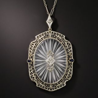 Large Art Deco Rock Crystal Quartz Diamond and Sapphire Pendant Necklace - 4