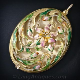 Large Art Nouveau Enamel and Diamond Pendant Locket - 1