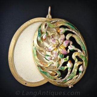 Large Art Nouveau Enamel and Diamond Pendant Locket