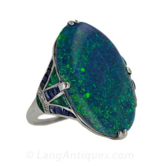 Large Black Opal Art Deco Style Platinum, Diamond, Sapphire and Emerald Ring