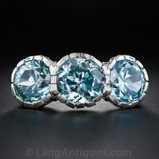Large Blue Zircon Three Stone Platinum Ring - 1