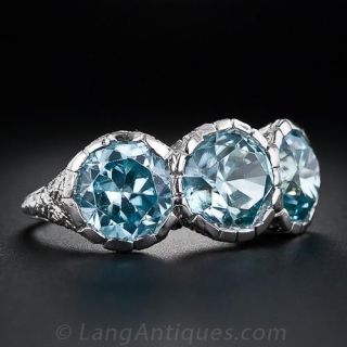 Large Blue Zircon Three Stone Platinum Ring