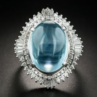 Large Cabochon Aquamarine Platinum Diamond Cocktail Ring - 1