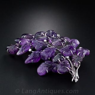 Large Carved Amethyst and Diamond  Brooch