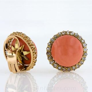 Large Coral Button and Diamond Earrings
