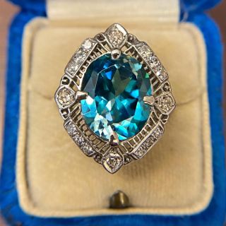 Large Edwardian 9.85 Carat Blue Zircon and Diamond Ring