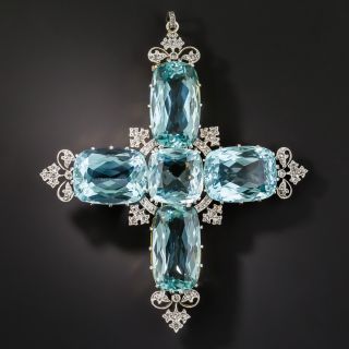 Large Edwardian Aquamarine and Diamond Cross Pendant / Brooch - 2