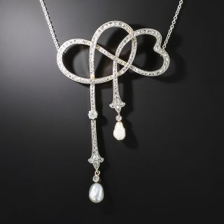 Large Edwardian Diamond And Pearl Bow Lavalière  - 2