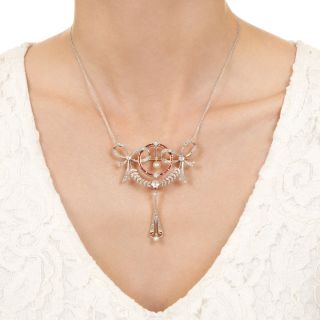 Large Edwardian Diamond, Ruby and Pearl Bow Pendant
