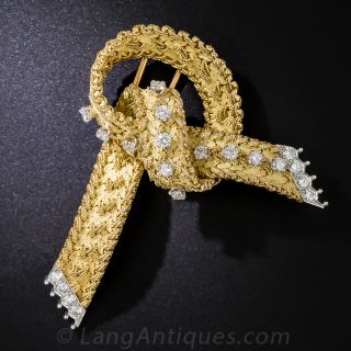 Large, French 18K Gold and Diamond Bow Knot Brooch