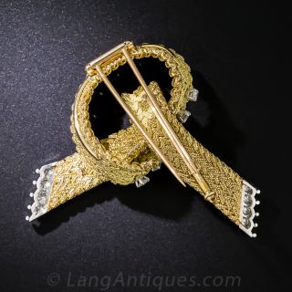 Large, French 18K Gold and Diamond Bow Knot Brooch
