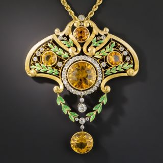 Large French Art Nouveau Citrine and Diamond Lavallière Necklace - 3