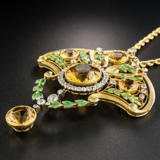 Large French Art Nouveau Citrine and Diamond Lavalière Necklace