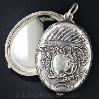 Large French Art Nouveau Silver Double-Mirror Compact