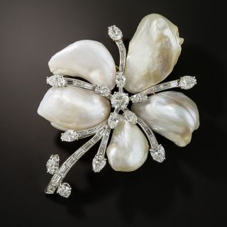Large Freshwater Pearl and Diamond Flower Brooch - 1