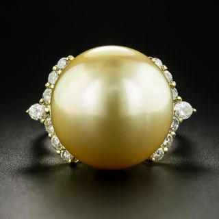 Large Golden South Sea Pearl and Diamond Ring - 1
