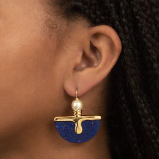 Large Lapis and Pearl Fan Earrings