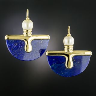 Large Lapis and Pearl Fan Earrings - 2