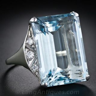 Large Mid-Century Aquamarine and Diamond Ring