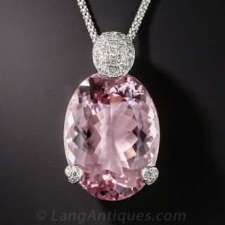 Large Morganite Platinum and Diamond Pendant Necklace