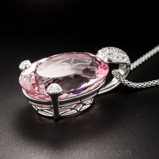 Large Morganite Platinum and Diamond Pendant Necklace